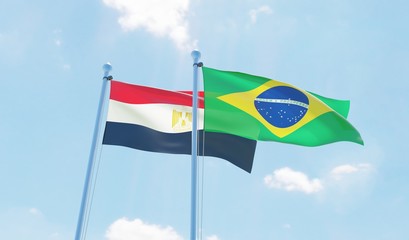 Brazil and Egypt, two flags waving against blue sky. 3d image