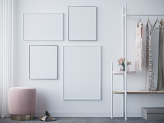 Empty white frames in wardrobe 3d render