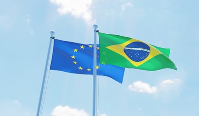 Brazil and EU, two flags waving against blue sky. 3d image