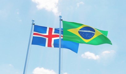 Brazil and Iceland, two flags waving against blue sky. 3d image