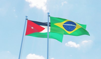 Brazil and Jordan, two flags waving against blue sky. 3d image