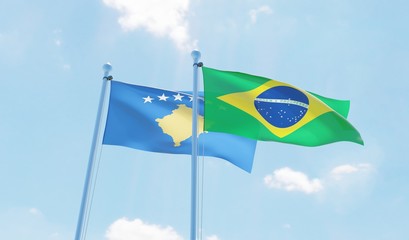 Brazil and Kosovo, two flags waving against blue sky. 3d image