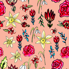 Seamless flower pattern. Gentle spring and summer flowers. Print for fabric and other surfaces.Pink background.