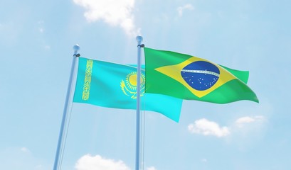 Brazil and Kazakhstan, two flags waving against blue sky. 3d image
