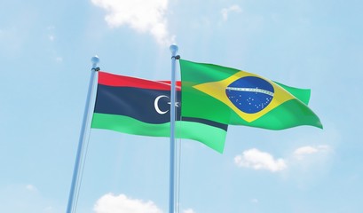 Brazil and Libya, two flags waving against blue sky. 3d image