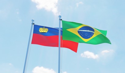 Brazil and Liechtenstein, two flags waving against blue sky. 3d image