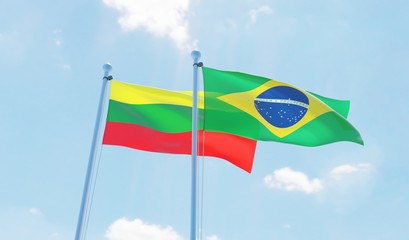 Brazil and Lithuania, two flags waving against blue sky. 3d image