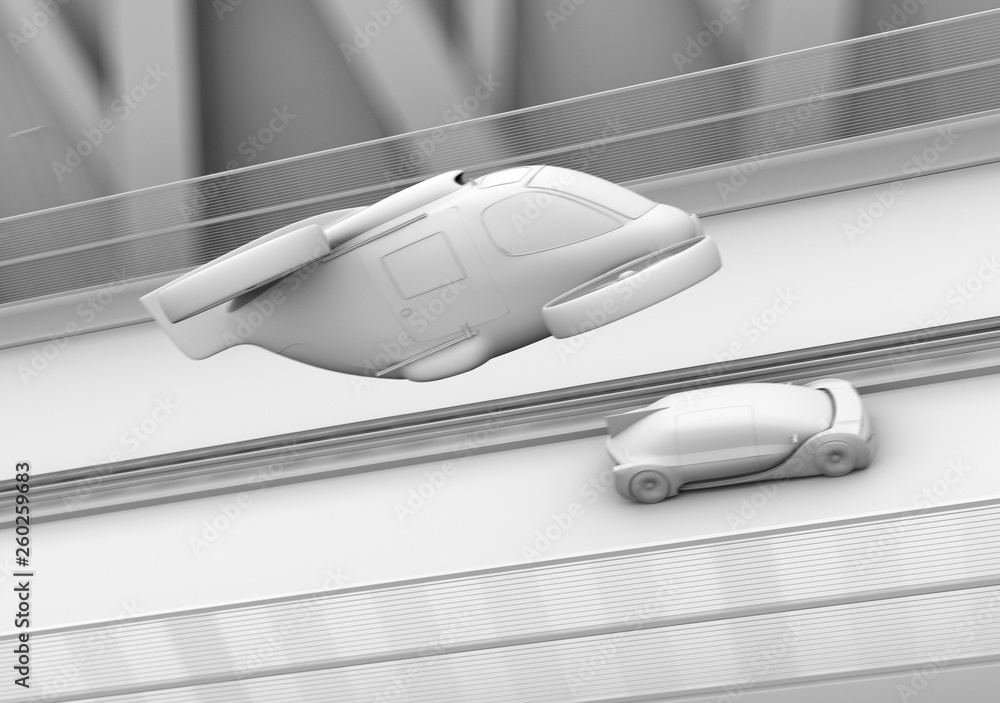 Poster clay rendering of self-driving passenger drone taxi and autonomous electric car on the highway. 3d r