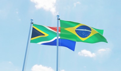 Brazil and South Africa, two flags waving against blue sky. 3d image