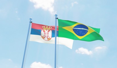 Brazil and Serbia, two flags waving against blue sky. 3d image