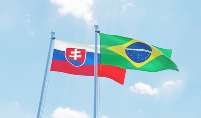 Brazil and Slovakia, two flags waving against blue sky. 3d image