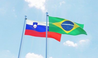 Brazil and Slovenia, two flags waving against blue sky. 3d image