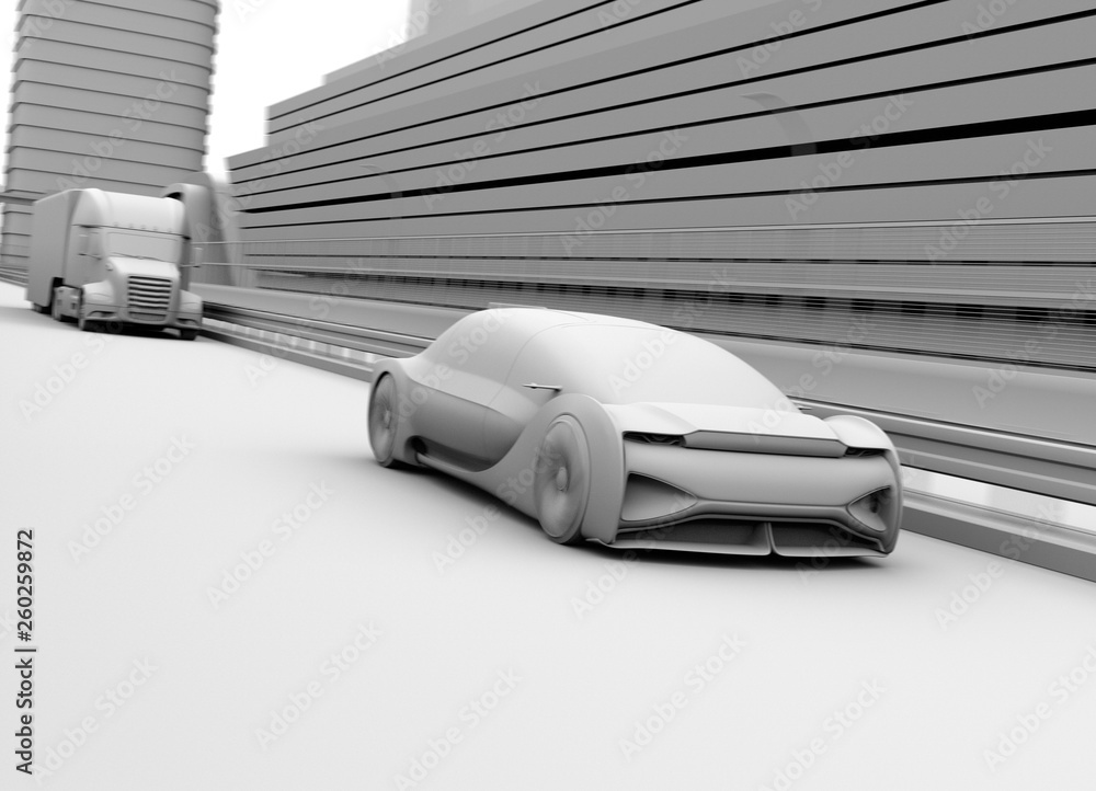Poster clay rendering of autonomous electric car driving on highway. 3d rendering image.