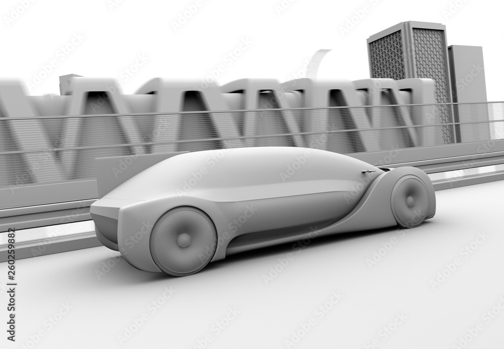 Poster clay rendering of autonomous electric car driving on highway. 3d rendering image.