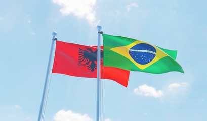 Brazil and Albania, two flags waving against blue sky. 3d image