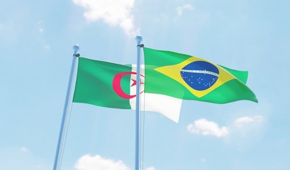 Brazil and Algeria, two flags waving against blue sky. 3d image