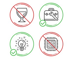 Do or Stop. Tool case, Idea and Wine glass icons simple set. Cpu processor sign. Repair service, Creativity, Cabernet wineglass. Computer component. Business set. Line tool case do icon. Vector