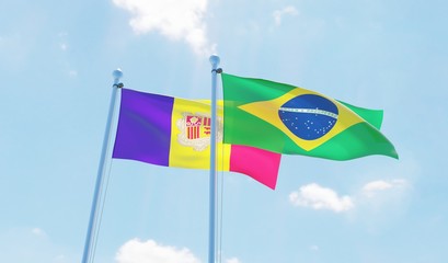 Brazil and Andorra, two flags waving against blue sky. 3d image