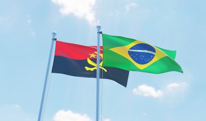 Brazil and Angola, two flags waving against blue sky. 3d image