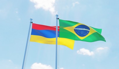 Brazil and Armenia, two flags waving against blue sky. 3d image