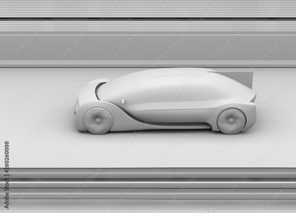 Aufkleber clay rendering of autonomous electric car driving on highway. 3d rendering image.