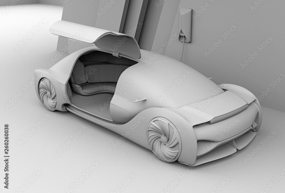 Poster clay rendering of self driving electric car exterior. the right door opened and front seats facing b