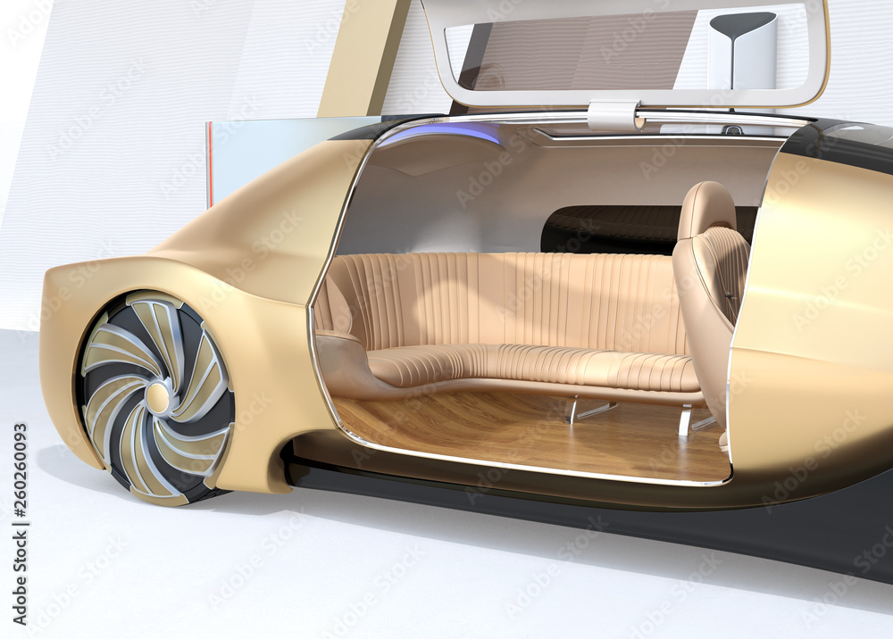 Poster close-up view of self driving electric car with right door opened. 3d rendering image.