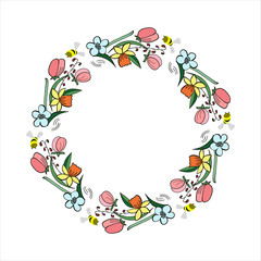 Hand drawn wild flowers wreath isolated on white background. Design for invitation, wedding or greeting cards. Vector illustration