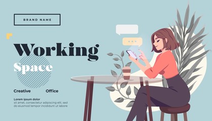 Working space Landing page template. Young female freelancer is sitting in modern hipster cafe with laptopn. Vector illustration
