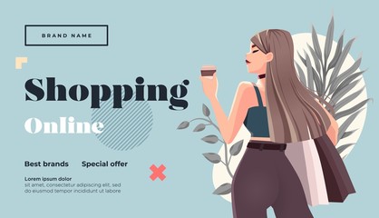 Online shopping landing page or banner template. Girl with shopping, packages. Flat Happy Female Character with Shopping Bags. Vector Illustration