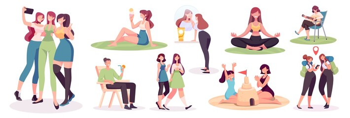 Crowd of people performing summer outdoor activities - walking dogs, riding bicycle, skateboarding. Group of male and female flat cartoon characters isolated on white background. Vector illustration.