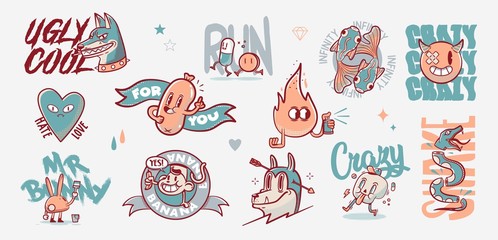 Old school tattoo elements. Cartoon tattoos in funny style. Vector illustration.