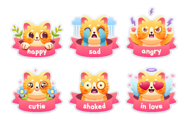 Set of cute cat emoticons badges, patches, stickers. Vector illustration