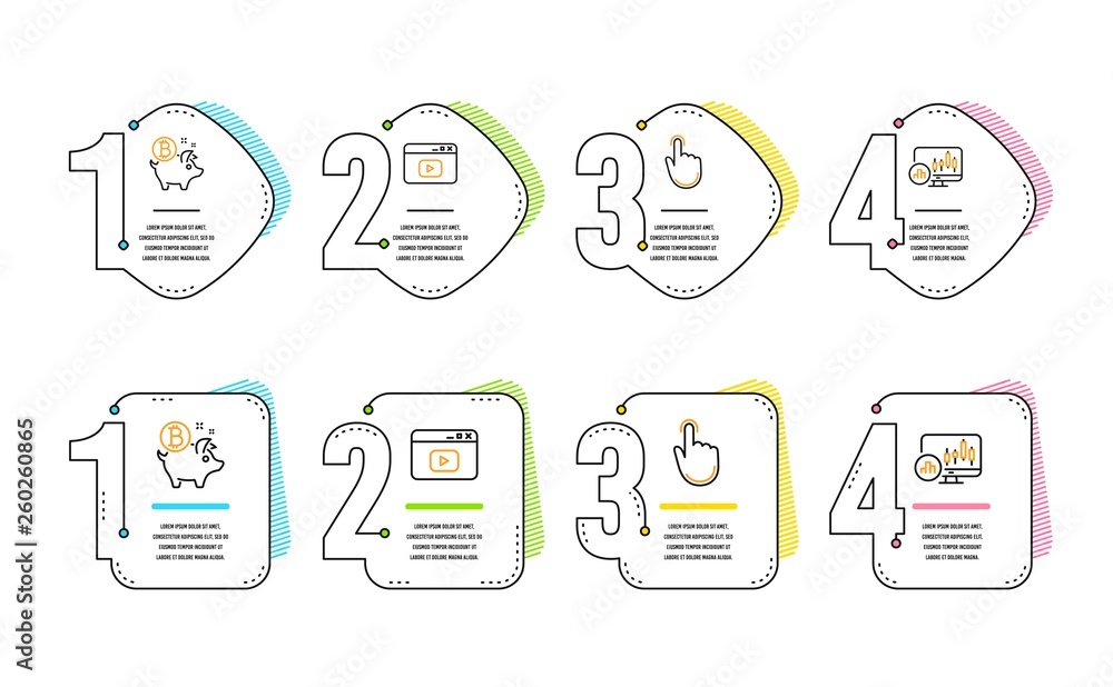 Poster bitcoin coin, hand click and video content icons simple set. candlestick chart sign. piggy bank, loc