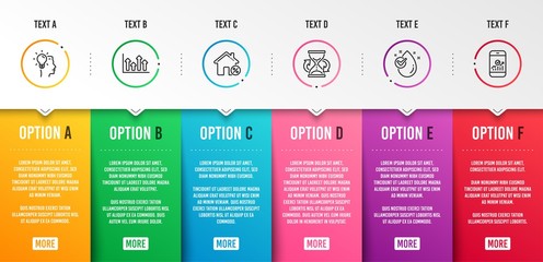 Upper arrows, Water drop and Hourglass icons simple set. Loan house, Idea and Smartphone statistics signs. Growth infochart, Clean aqua. Business set. Infographic template. 6 steps timeline. Vector