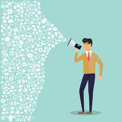 Digital marketing flat illustration. Hand holding megaphone.