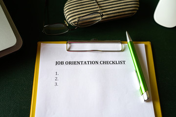 Job orientation checklist, an onboarding process concept