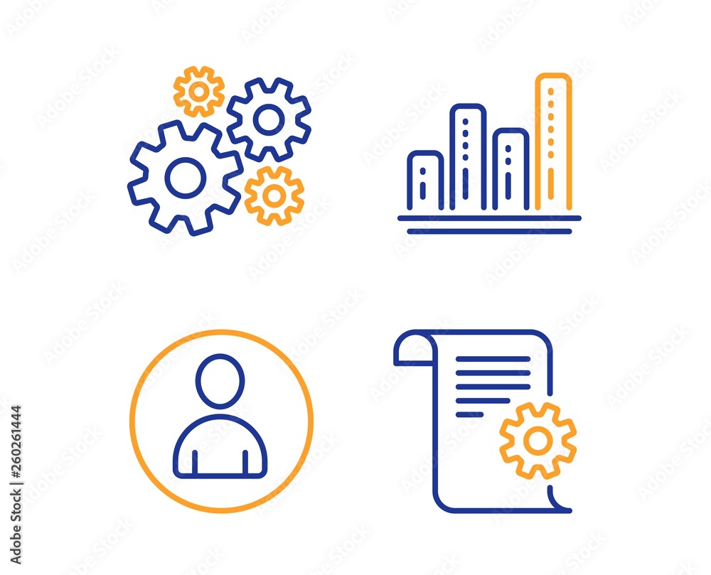 Poster avatar, graph chart and cogwheel icons simple set. technical documentation sign. user profile, growt