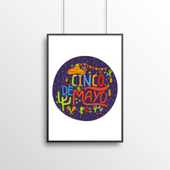 Banner or card for Cinco de Mayo celebration. Holiday poster with hand drawn calligraphy lettering