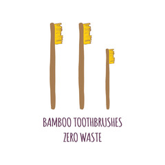 Hand drawn Zero waste concept set. No plastic elements of eco life: reusable bamboo toothbrushes
