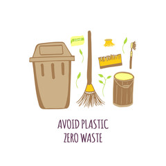 Hand drawn Zero waste concept set. No plastic elements of eco life: reusable paper, wooden, fabric cotton bags, glass, jars, brush, soap