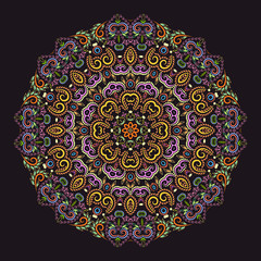 Beautiful ethnic round pattern with traditional elements. Ornamental geometric colored painting on the plate. Vector print.