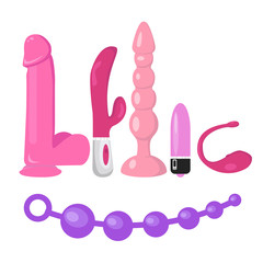 Cute sex toy set vibrators, anal balls, phallos, anal plugs.Erotica excitement for adult male female. Modern flat vector image on white background. - Vector
