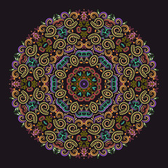 Beautiful ethnic round pattern with traditional elements. Ornamental geometric colored painting on the plate. Vector print.