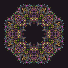 Beautiful ethnic round pattern with traditional elements. Ornamental geometric colored painting on the plate. Vector print.