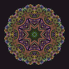 Beautiful ethnic round pattern with traditional elements. Ornamental geometric colored painting on the plate. Vector print.