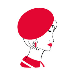 Outline portrait of beautiful stylish young lady. Sketch drawing of fashionable woman with bob haircut, red lips, earrings and beret hat isolated on white background. Hand drawn vector illustration.