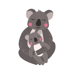 Cute koala mom with baby isolated on white.