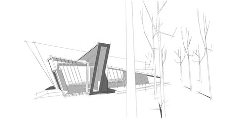 3D illustration architecture building perspective lines.