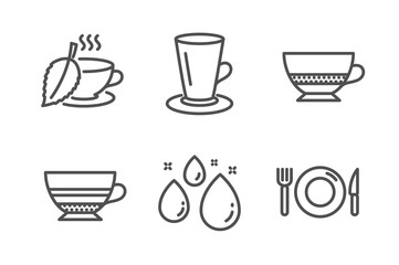 Mint tea, Water drop and Mocha icons simple set. Bombon coffee, Teacup and Food signs. Mentha beverage, Aqua. Food and drink set. Line mint tea icon. Editable stroke. Vector